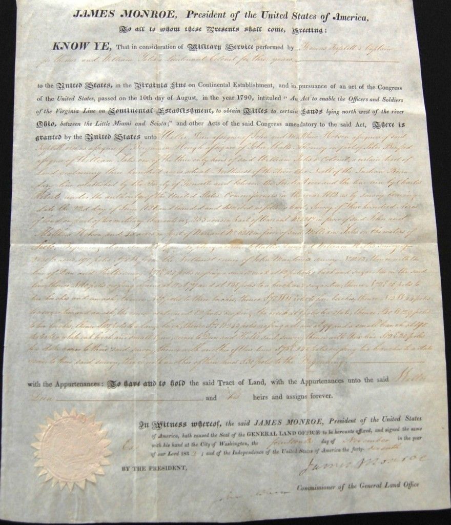 EXCEPTIONAL PRESIDENTIAL LAND GRANT SIGNED President James Monroe John McLean  