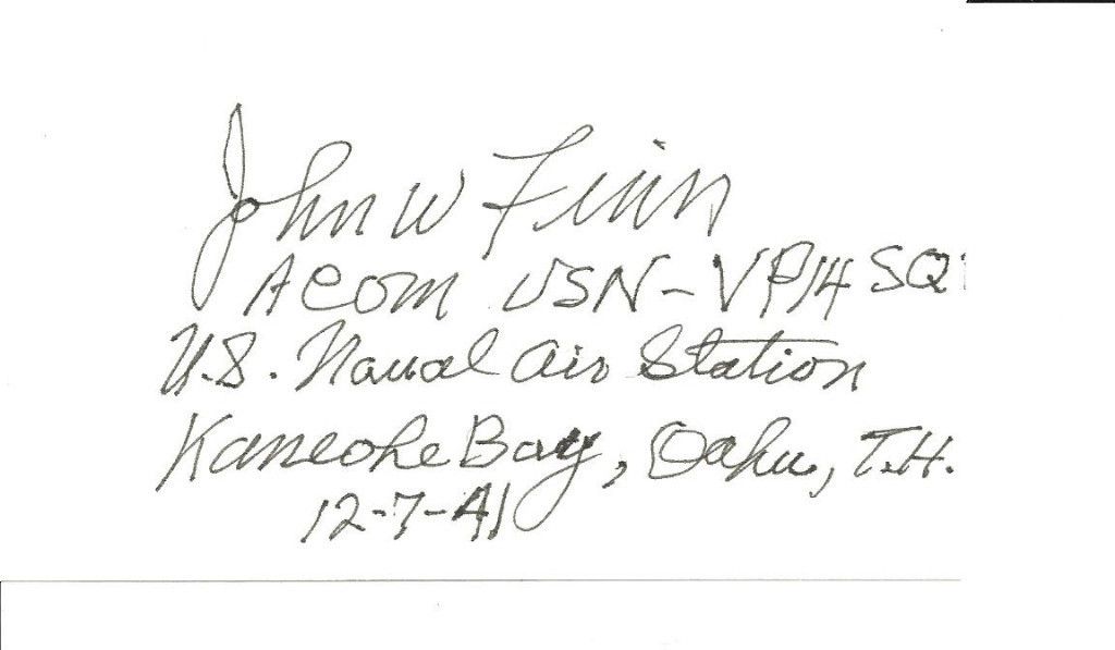 John w Finn Navy Lt MOH at Pearl Harbor 12 7 41 3x5 Card Signed w Long Notation  