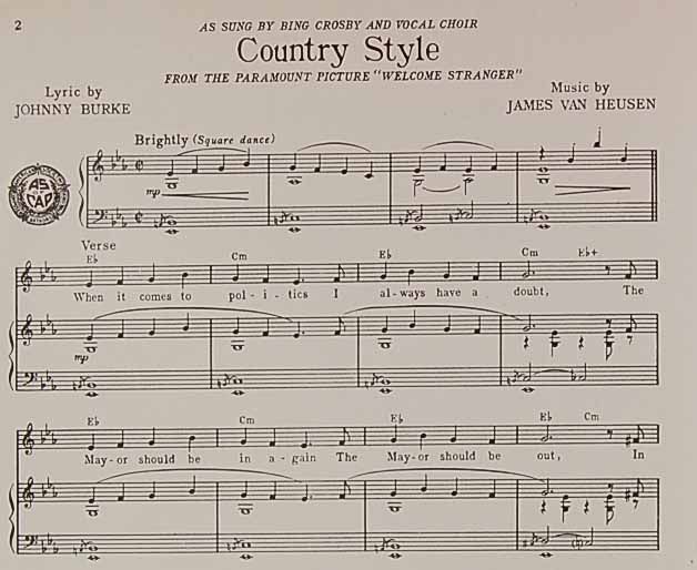 Country Style Burke Van Heusen Bing Crosby 1947 Welcome Stranger Sheet Music  