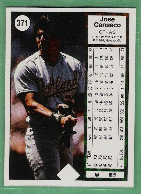 Jose Canseco 371 1989 Upper Deck Error No Hologram Oakland Athletics  