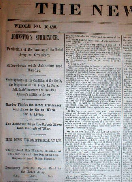 2 1865 Newspapers Civil War End Final Surrender by Confederate Army Gen Johnston  