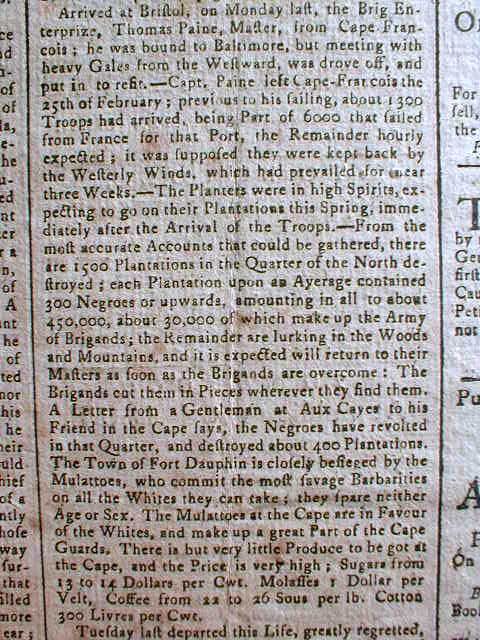 1792 Rhode Island Newspaper Providence Gazette Slave Revolution in Haiti Begins  