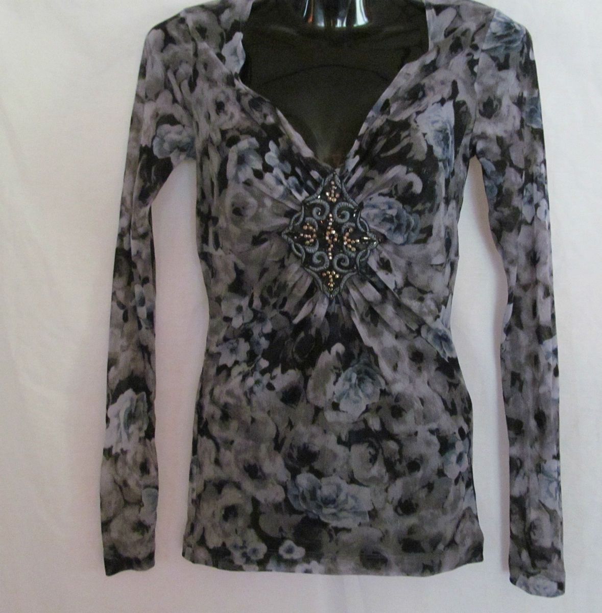 KAREN KANE Womens Sz S Small Sheer Blouse Black Gray Geo Print