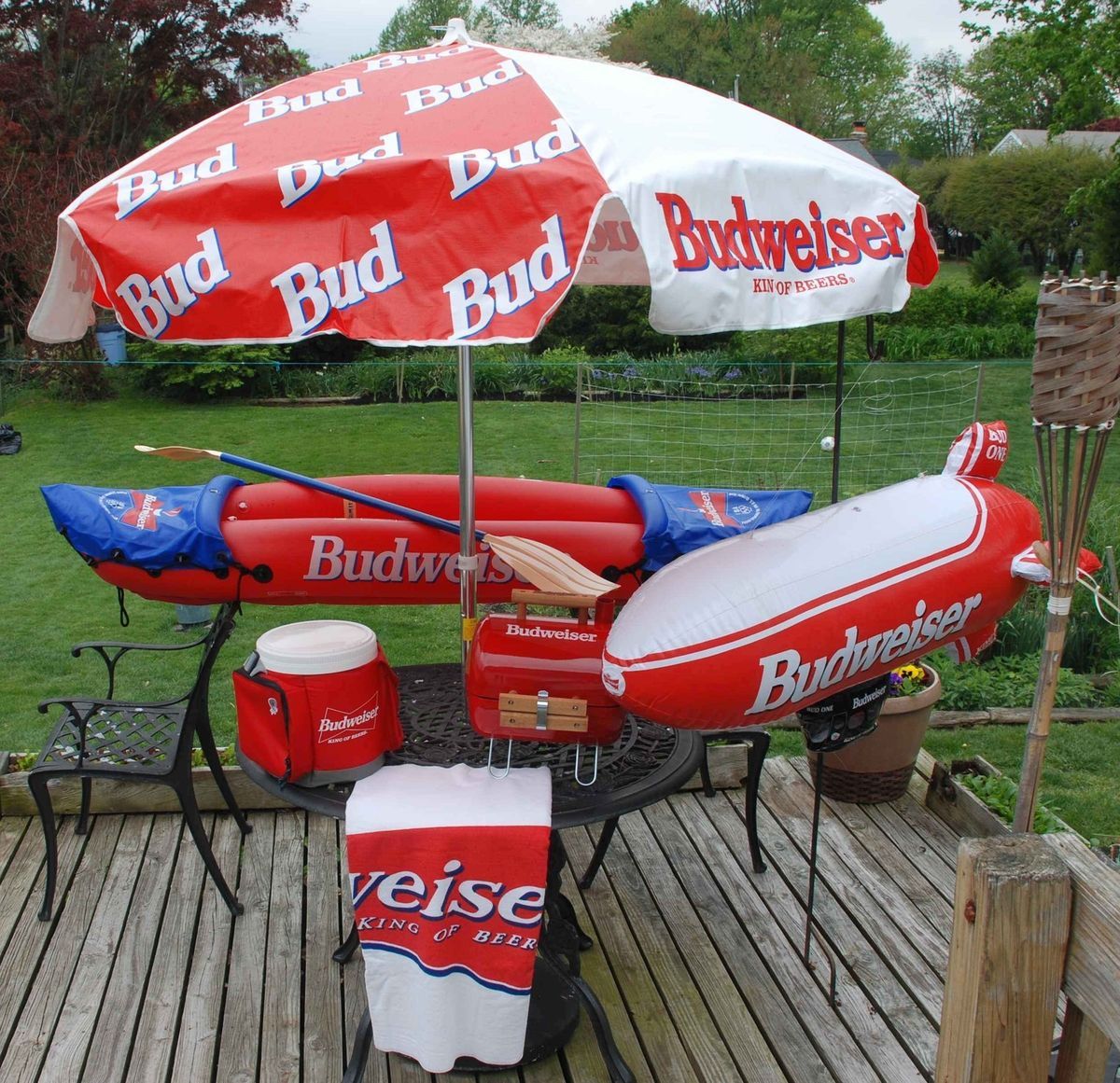 BUDWEISER OUTDOOR SET   UMBRELLA   BBQ   COOLER   KAYAK   BLIMP & MORE