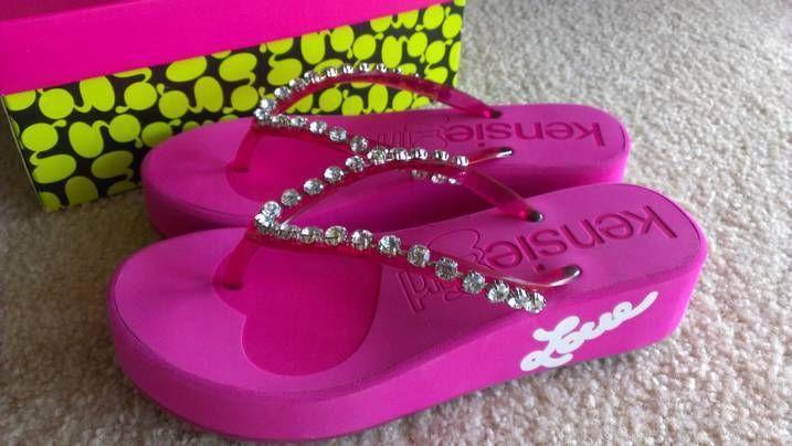 Kensie Girl Pink Rhinestone Crystals Ladies Wedge Platform Flip Flops