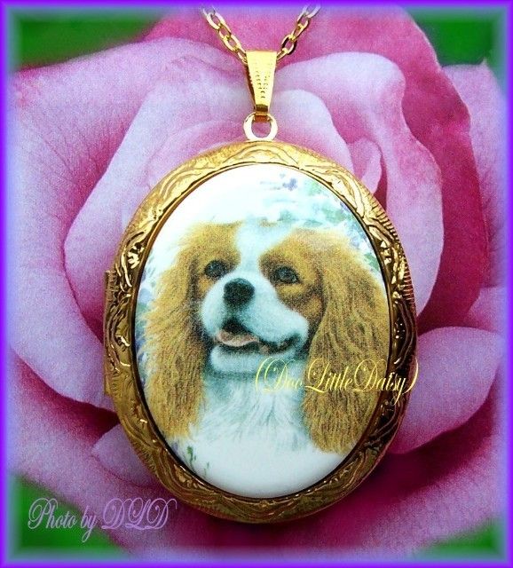 Pretty Porcelain CAVALIER KING CHARLES SPANIEL DOG CAMEO Locket