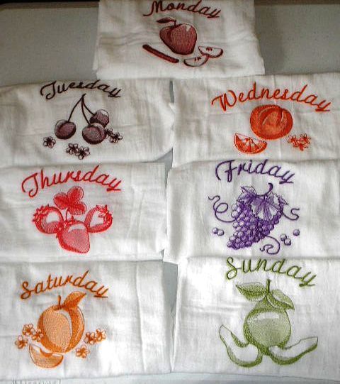 sack embroidered kitchen towels bar mops Days of the week FRUIT theme