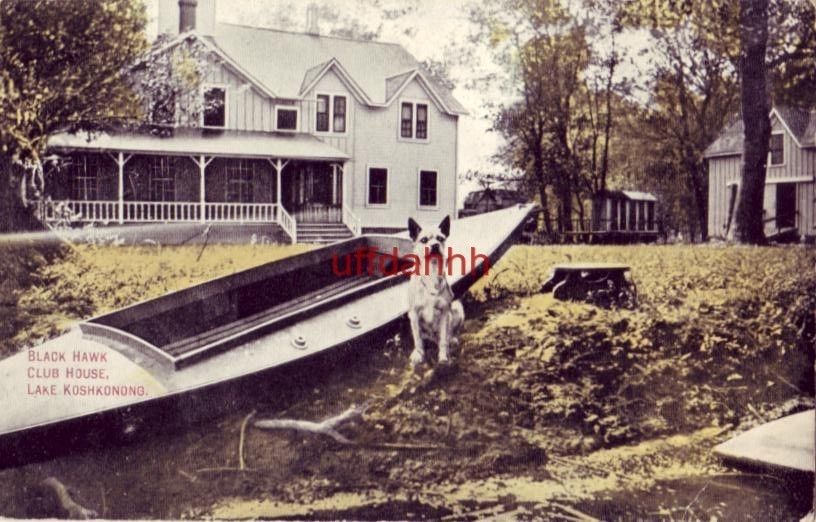 Black Hawk Club House Lake Koshkonong Wisconsin Dog and Kayak on Shore