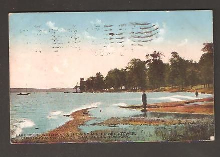 Postcard Lake Scene Miller Bell Tower Chautauqua NY