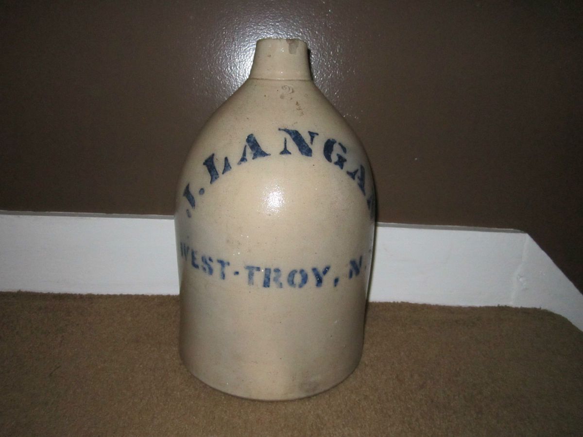 RARE ANTIQUE STONEWARE CROCK J LANGAN WEST TROY NY 2 GALLON JUG SALT