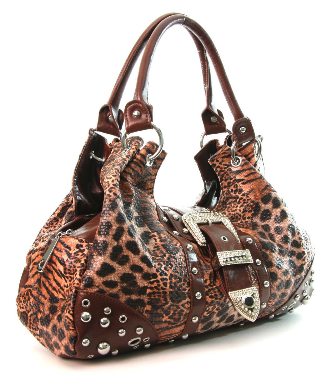 Big Cat Brown Orange Patchwork Design Western Buckle Hobo Purse