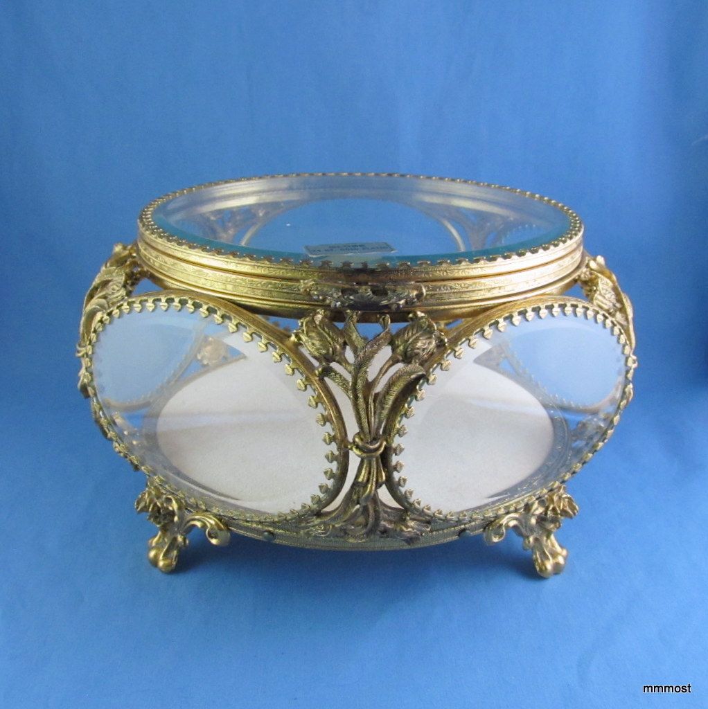 Vintage Globe Ormolu LARGE JEWELRY CASKET BOX Beveled Glass & 24K Gold