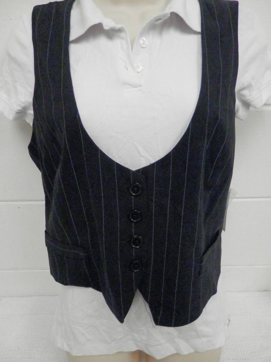 Larry Levine Black Pinstripe Vest Four Button Stretch Petite Large PL