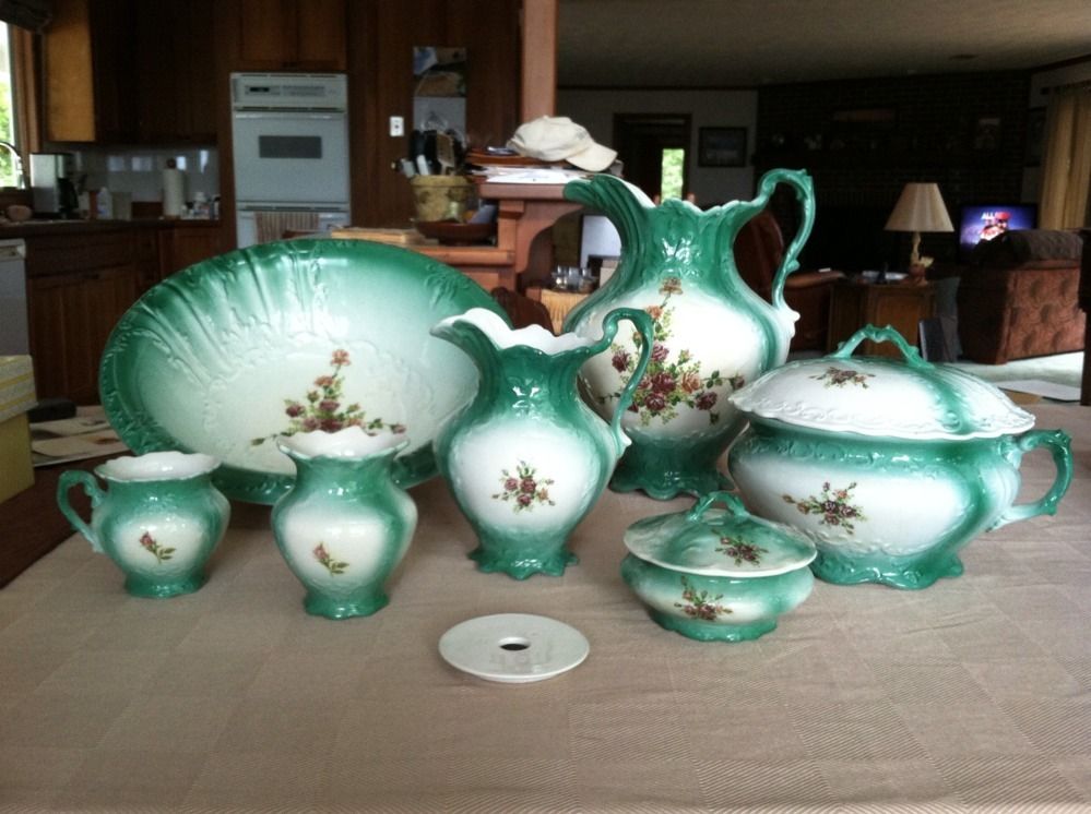 Antique 10 Piece Pitcher Bowl Wash Stand Set LeBeau Porcelain