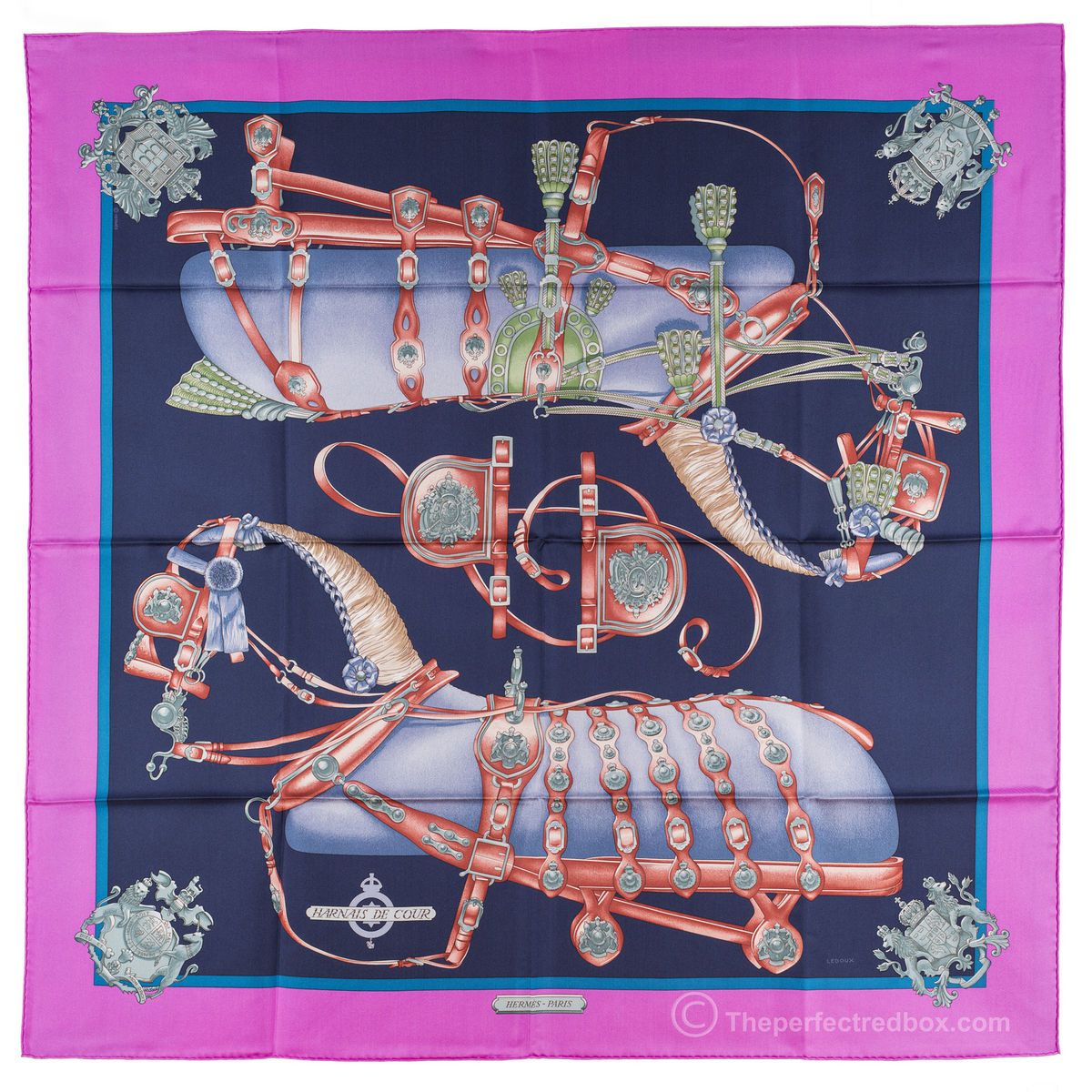  Hermes HARNAIS DE COUR Silk Scarf Pink Philippe LEDOUX Equestrian