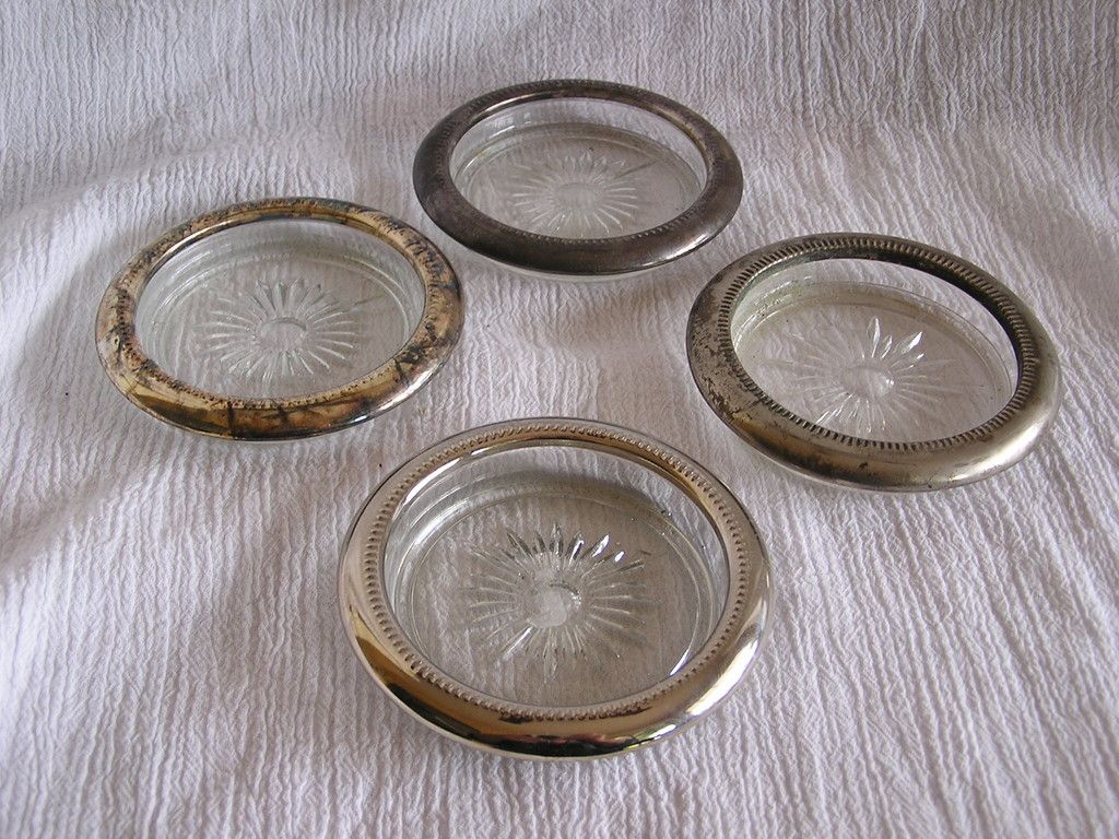 Italian Leonard Italy Glass Silver Coaster Set 4pc