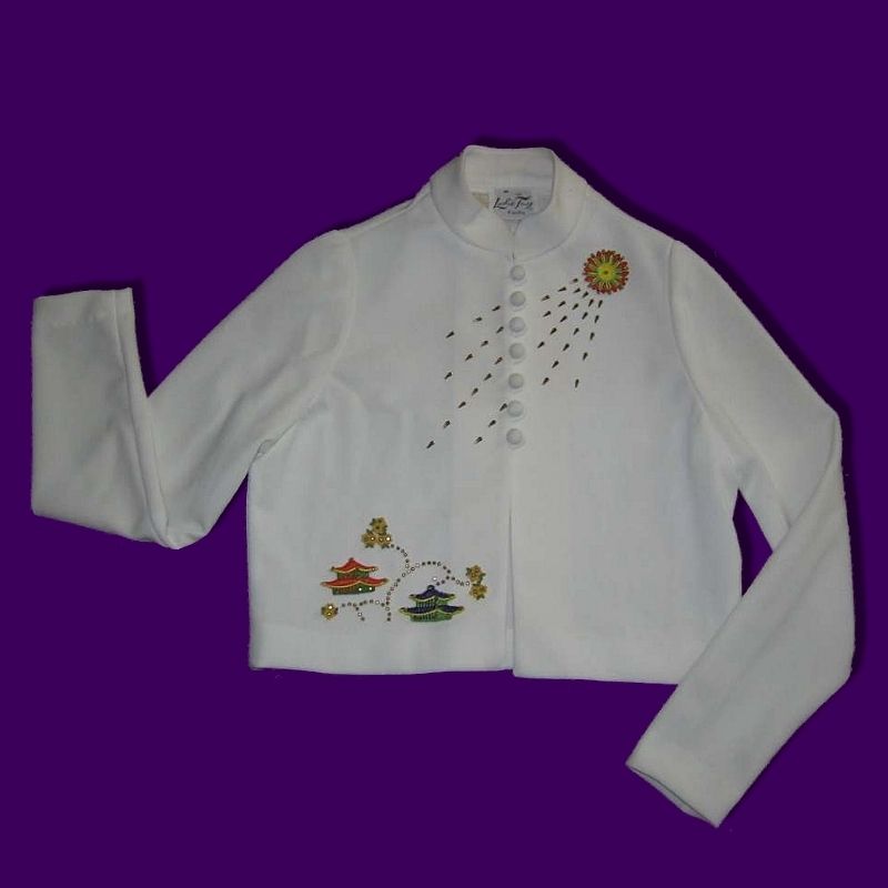 Vintage 60s Leslie Fay Double Knit Bolero White Embelished Pagoda