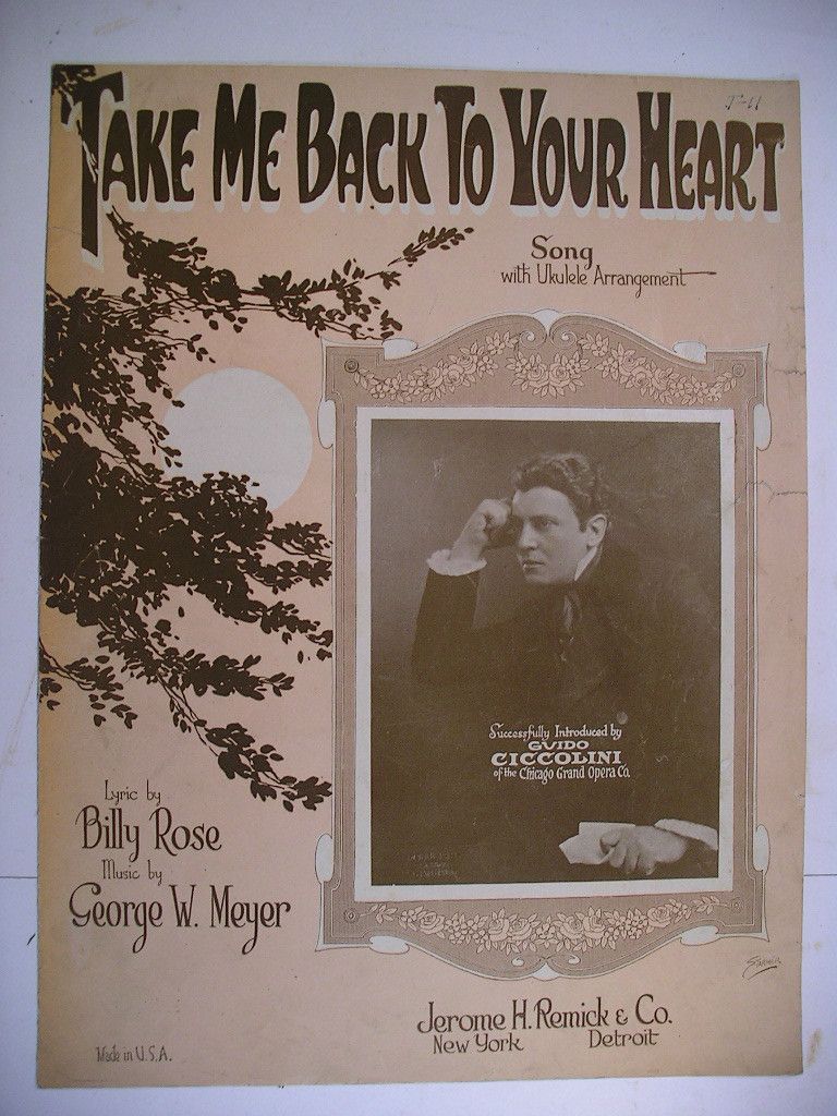 Sheet Music Take Me Back to Your Heart Lost Love 1924