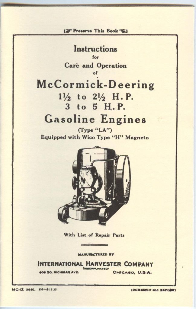 IHC McCormick Deering La Gas Engine Manual International Harvester