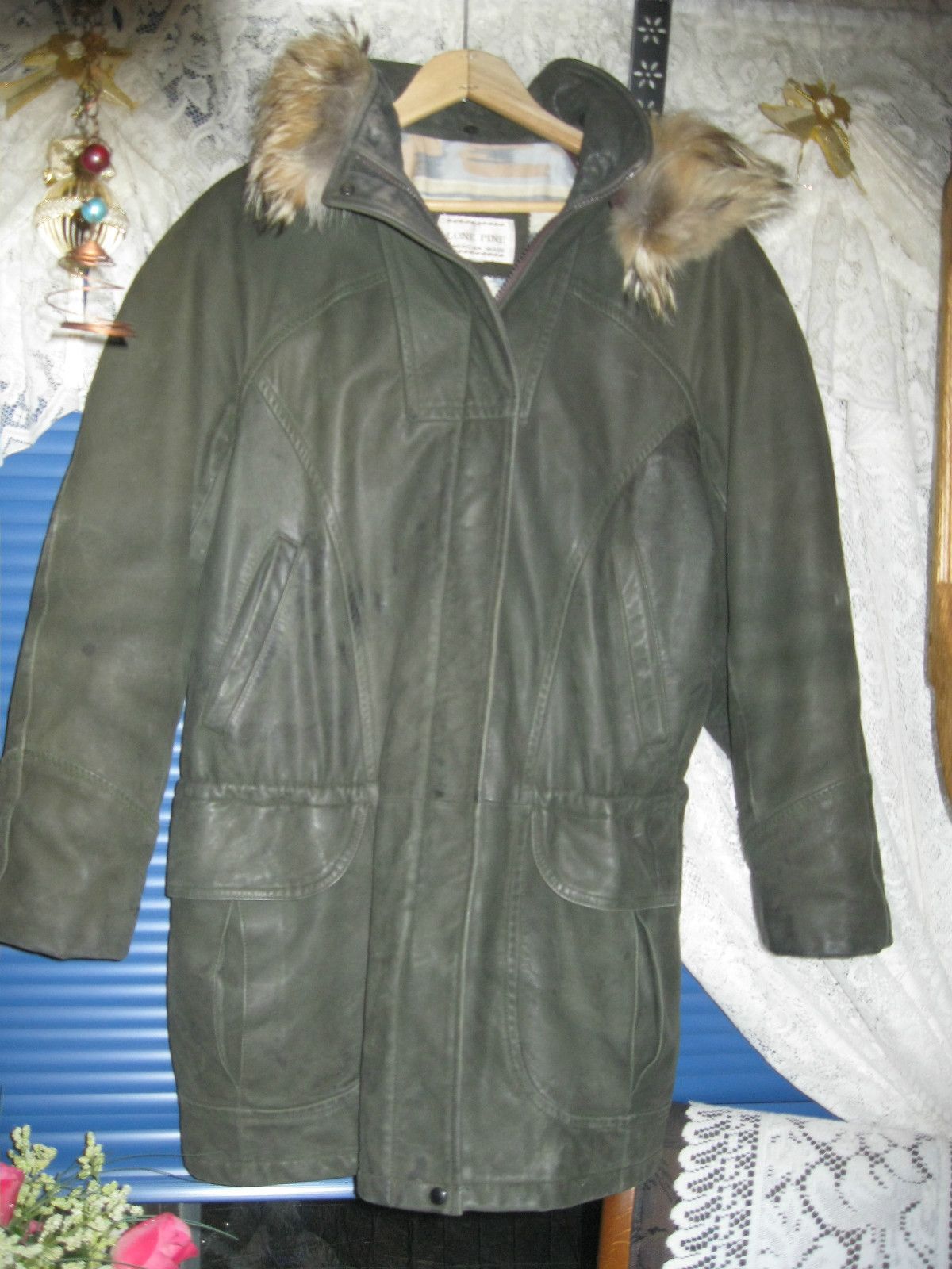 Lone Pine Leather Long Coat with Fox Fur Trim Removable Hood Womens M