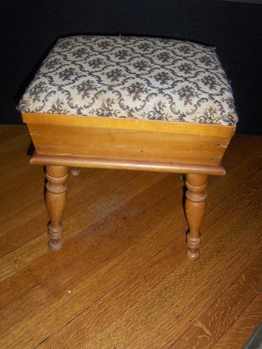 Sewing Box Foot Stool with Tapestry Cushioned Top Maple Wood