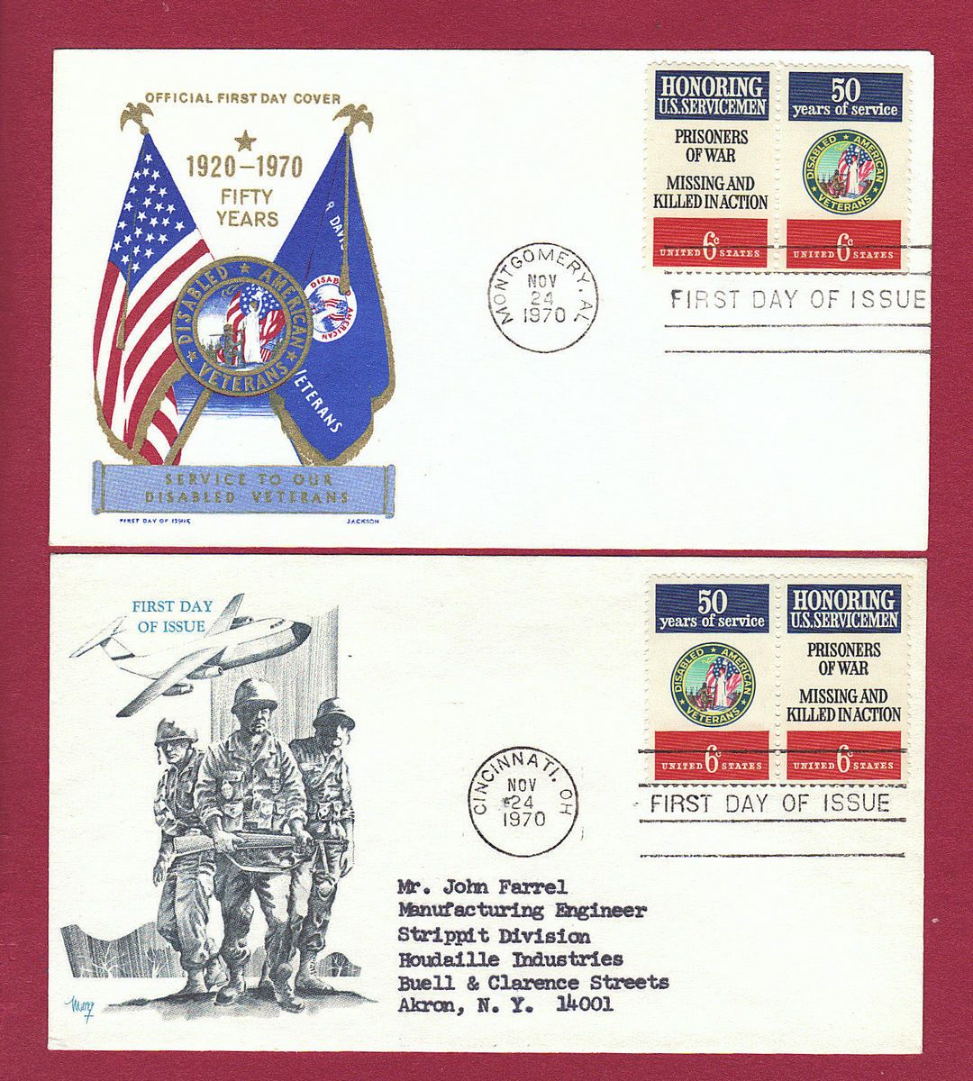 1970 6c DISABLED VETS, U. S. SERVICEMEN #1422a, 2 FDCs, Jackson & Marg