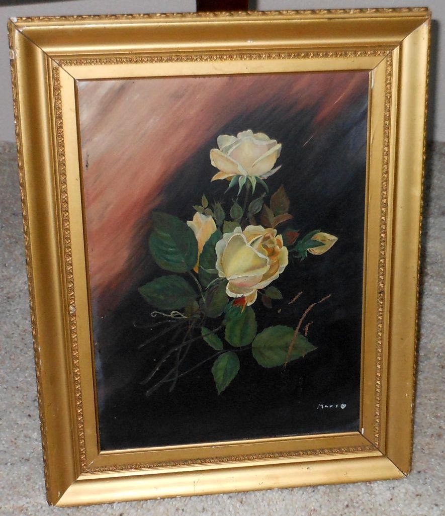 Antique Still Life Oil Painting Yellow Roses Signed Mary Hart