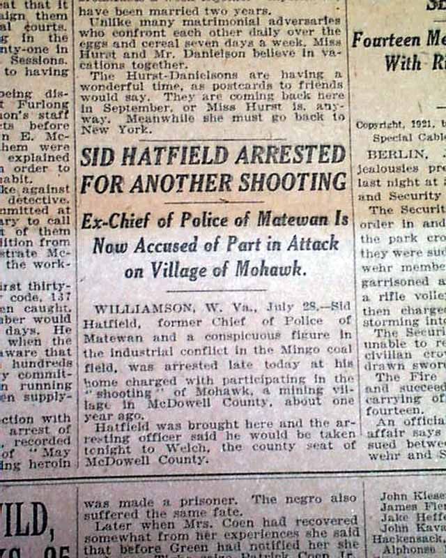 SID HATFIELD Battle of Matewan Police Chief Fame ARRESTED Mohawk