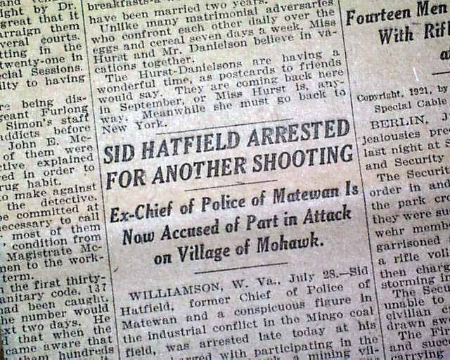 SID HATFIELD Battle of Matewan Police Chief Fame ARRESTED Mohawk