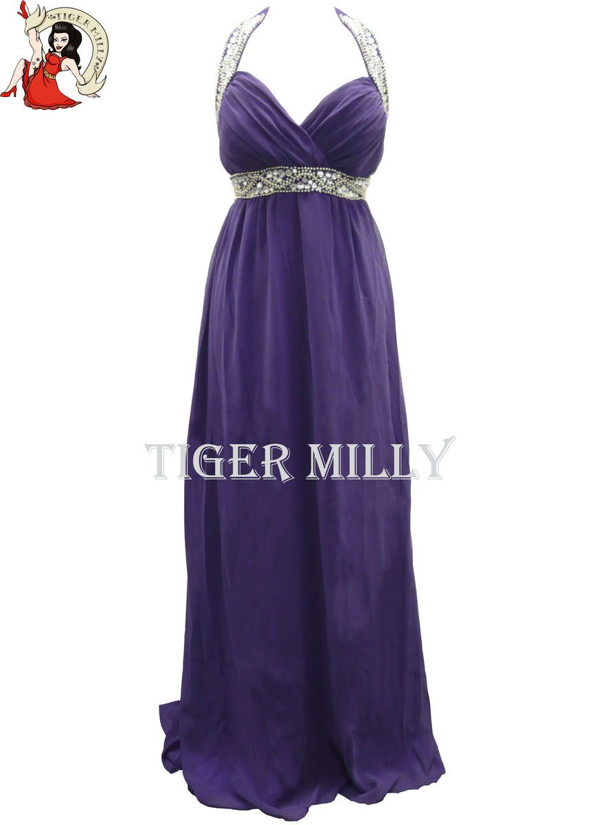 Ladies Chiffon Jewel Cocktail Evening Maxi Party Dress Purple