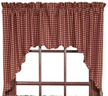 Victorian Heart Burgundy Check Country Cottage Curtains Swag