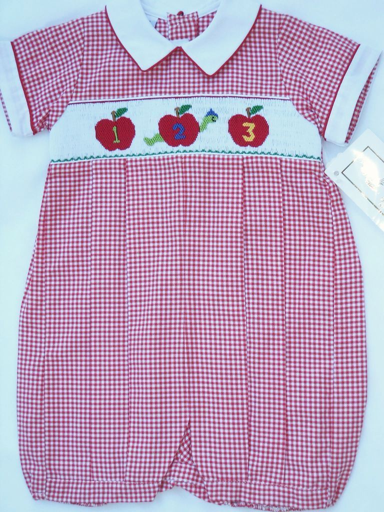 Smocked Anavini Boys Shortall 12M Red Fall Apples