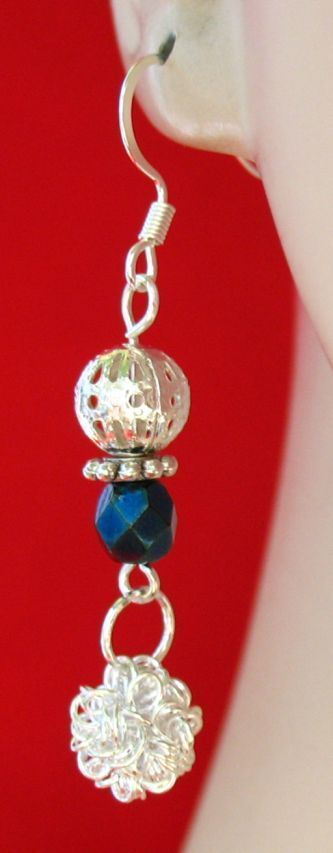 Silver Mesh Ball Charm Crystal Earrings Handmade Jewelry Women