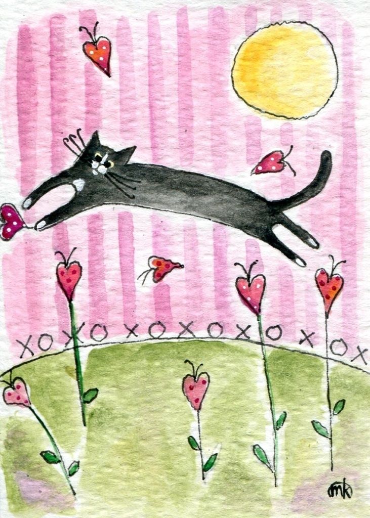 tuxedo cat pink heart valentine folk art watercolor ACEO original