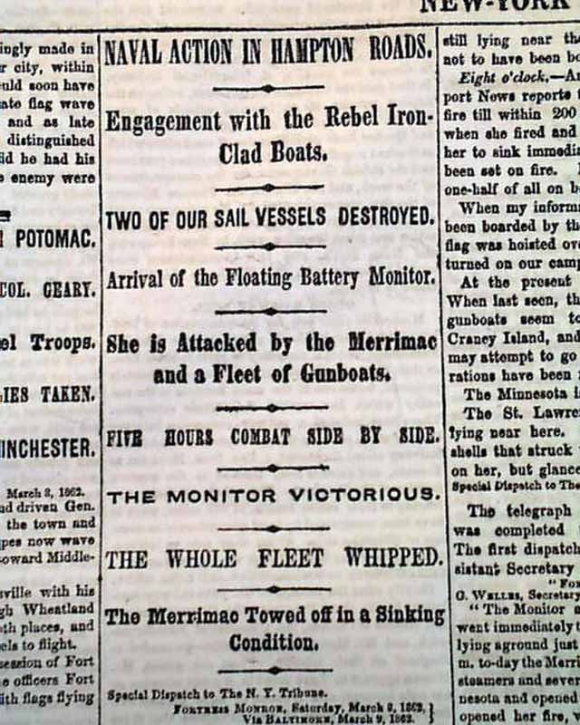 Monitor vs Merrimack Ironclads 1862 Civil War Newspaper