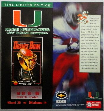 MIAMI HURRICANES 1987 NCAA NATIONAL CHAMPIONS COMMEMORATIVE TICKET 10