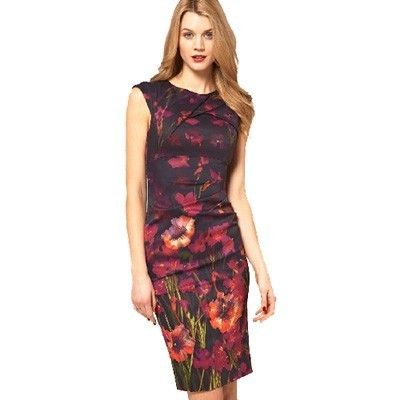 Karen Millen Signature Floral Flower Print Pleated Stretch Pencil