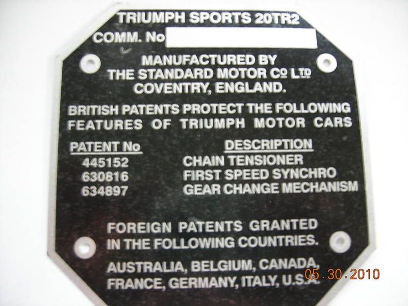 TRIUMPH TR2 COMMISSION NUMBER PLATE