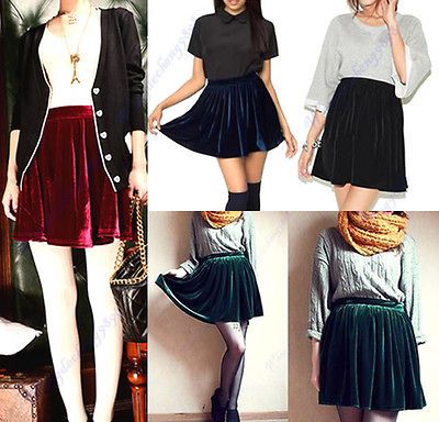 Waist Soft Velvet Skater Pleated A line Short Elasticsed Skirt Hot