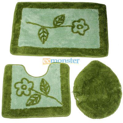 Green Acrylic Fiber Bathroom Rug + U shape Mat + Toilet Lid Cover Set