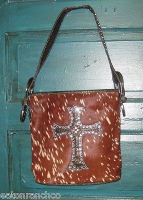 Cow Hair On Leather Brown Cross Cowgirl Purse Handbag Rhinestone