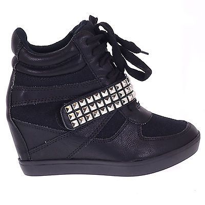 Peace Black Punk Wedge Sneaker Metal Spike Studded Velcro Strap High