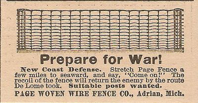 1898 PAGE WOVEN WIRE FENCE AD ADRIAN MI MICHIGAN DE LOME PREPARE FOR