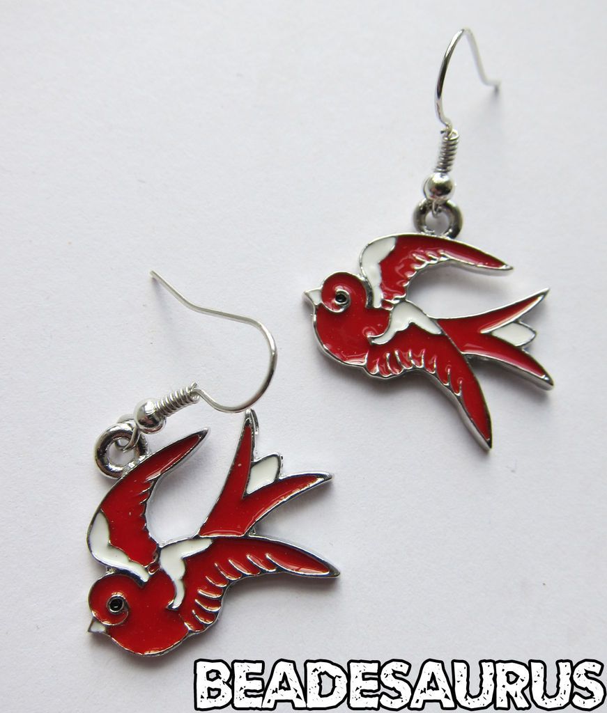 SOURPUSS CLOTHING Red Swallow Sparrow Bird EARRINGS Rockabilly Kitsch