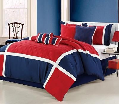 Queen RED WHITE BLUE AMERICANA COLOR BLOCK LUXURY 8PC COMFORTER