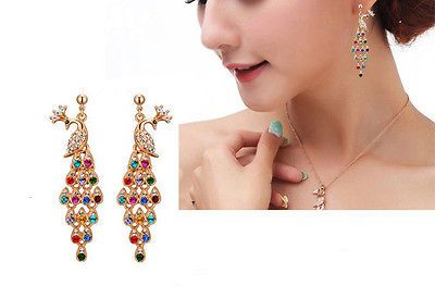 Womens 9K Yellow Gold Filled CZ / Zircon Fashion Peafowl Type Earrings