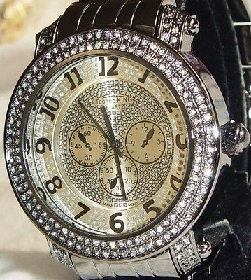 OUT HIP HOP DIAMONDS PLATINUM GUN METAL BAND TECHNO KING BLING WATCH