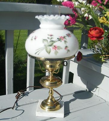 VINTAGE HAND PAINTED ROSE FLOWER MILK GLASS BRASS & MARBLE HURRICANE