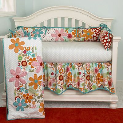 TALE DESIGNS LIZZIE 4 PIECE CRIB BEDDING SET NEW/DAISIE S/RED DOT/AQUA