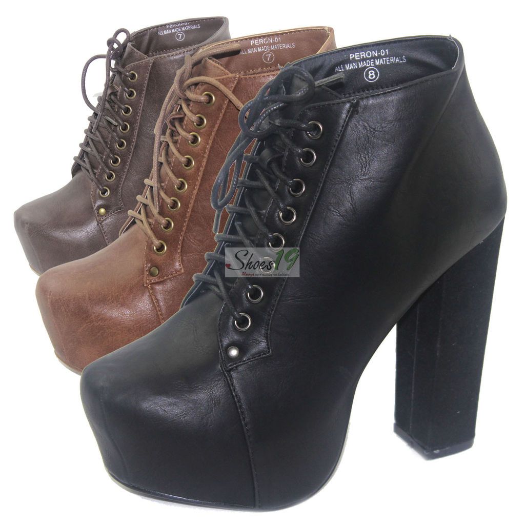 Star Soft Leatherette Lace Up Chunky Platform High Heel Ankle Booties